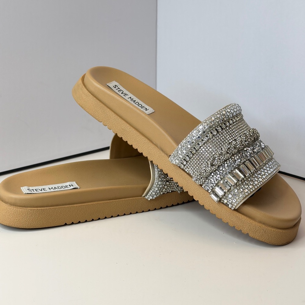 Steve Madden Tan Slide Sandal with Silver Crystal Strap